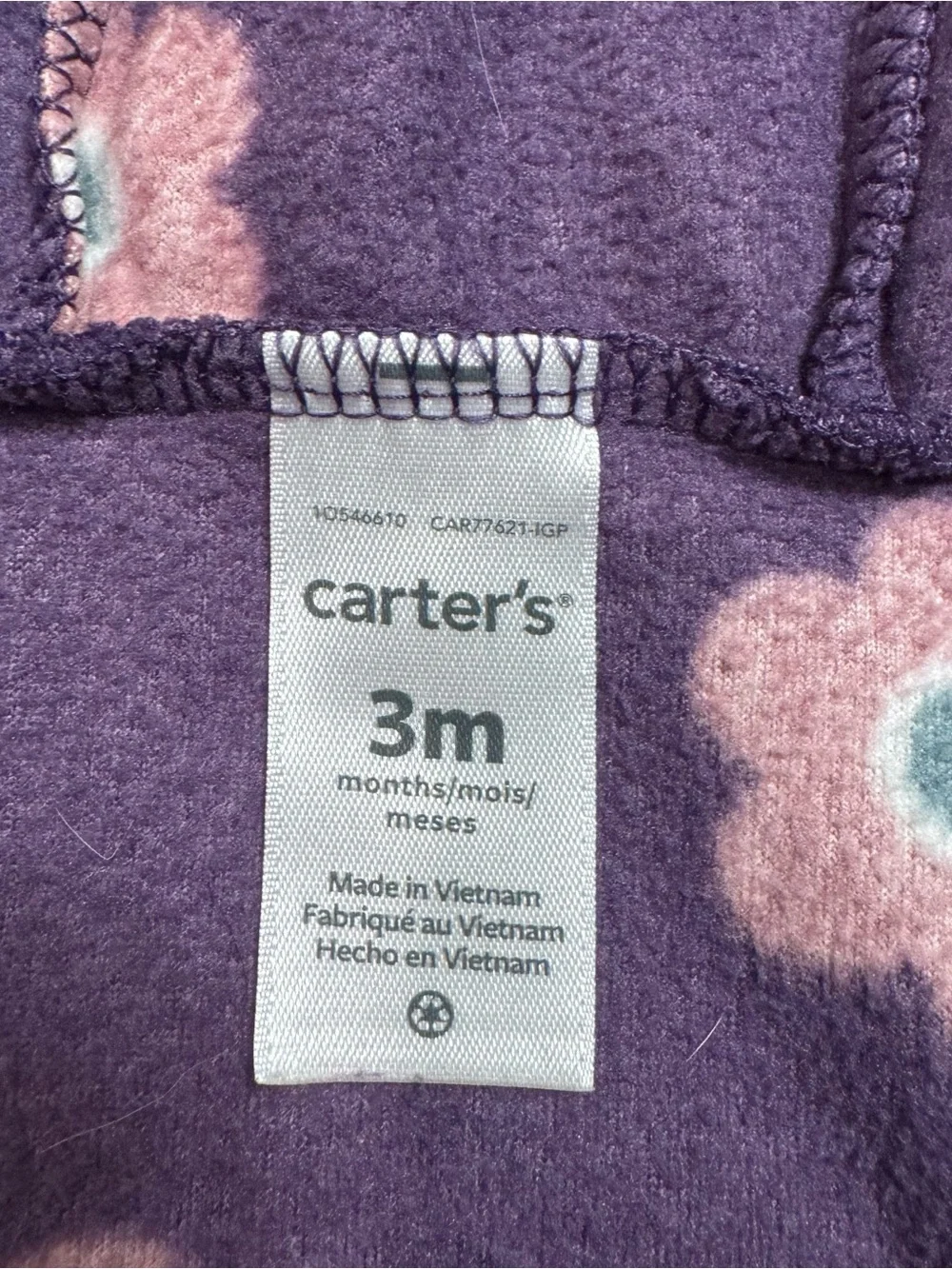 Carter's Purple Floral Fleece Hooded Open Foot Zip Front Romper 3 Months